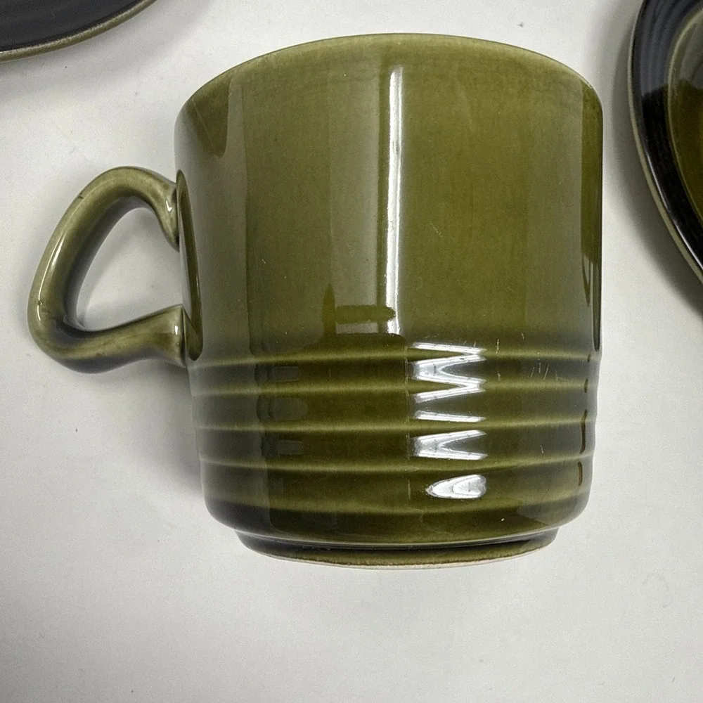 Vintage Retro 2 Tone Olive Green Petite Coffee Tea Cup Mug Saucer Set Of 4 Ridge